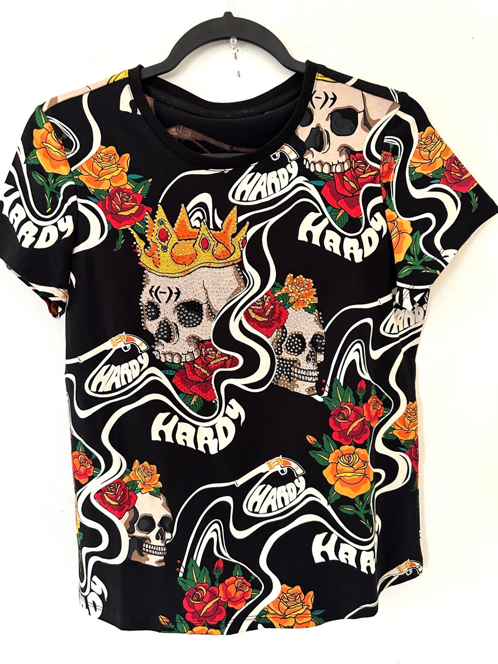 Ed Hardy all-over print t-shirt rhinestone-skull graphics, roses, and signature